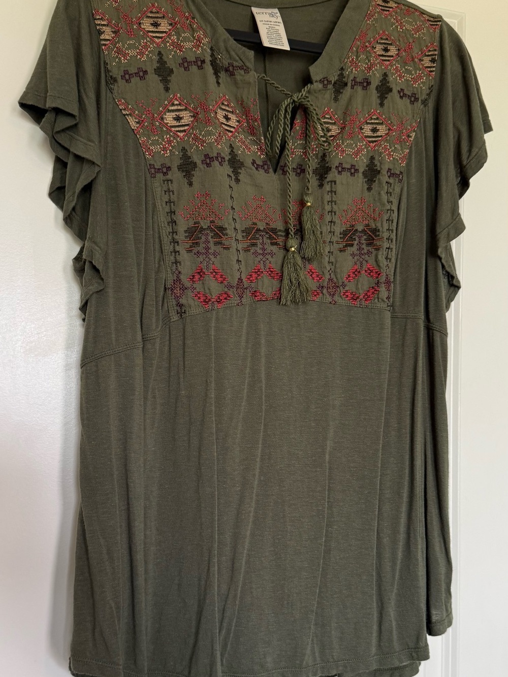 Terra & Sky Olive Embroidered Tie-Neck Tunic with Tassels